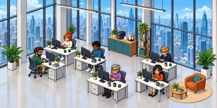 Pixel-art office with six AI agents working at their desks